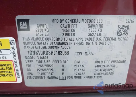 2017 Chevrolet Traverse Premier from USA, damaged, VIN 1GNKVJKD3HJ163058